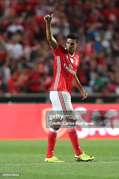 Benfica's Mexican forward Raul Jimenez celebrates scoring Benfica«s goal during the match between SL Benfica and Vitoria Setubal FC for the...