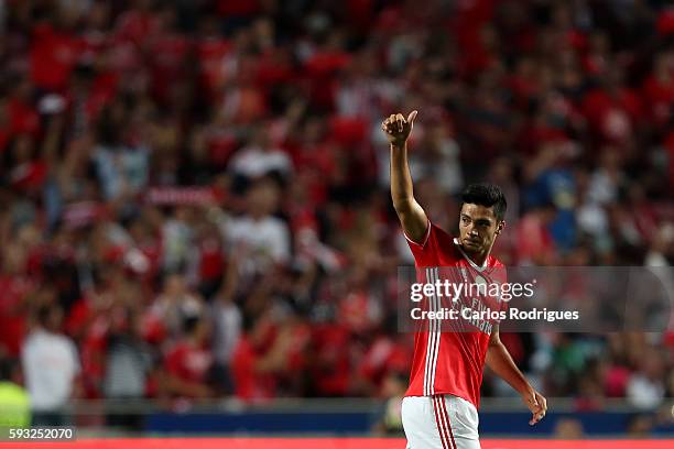 Benfica's Mexican forward Raul Jimenez celebrates scoring Benfica«s goal during the match between SL Benfica and Vitoria Setubal FC for the...