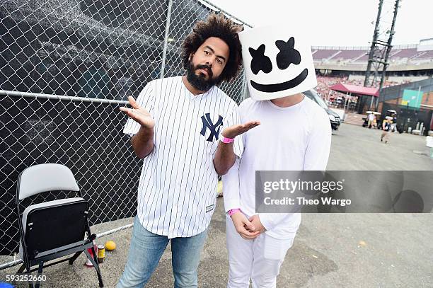 Recording artists Jillionaire and Marshmello pose backstage during the 2016 Billboard Hot 100 Festival - Day 2 at Nikon at Jones Beach Theater on...