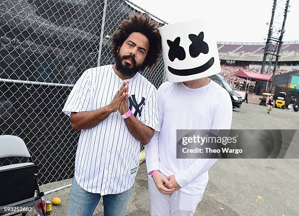Recording artists Jillionaire and Marshmello pose backstage during the 2016 Billboard Hot 100 Festival - Day 2 at Nikon at Jones Beach Theater on...