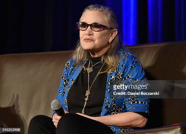 Actress Carrie Fisher speaks onstage during Wizard World Comic Con Chicago 2016 - Day 4 at Donald E. Stephens Convention Center on August 21, 2016 in...