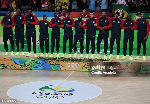 The United States Men's Basketball team celebrate with their gold medals after the final match of the Men's basketball between Serbia and United...