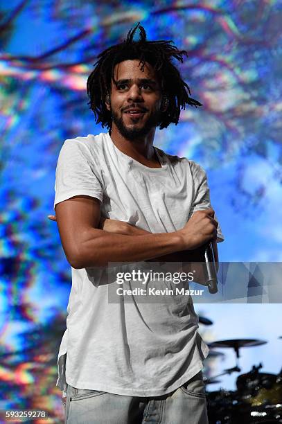 Recording artist J. Cole performs onstage during the 2016 Billboard Hot 100 Festival - Day 2 at Nikon at Jones Beach Theater on August 21, 2016 in...