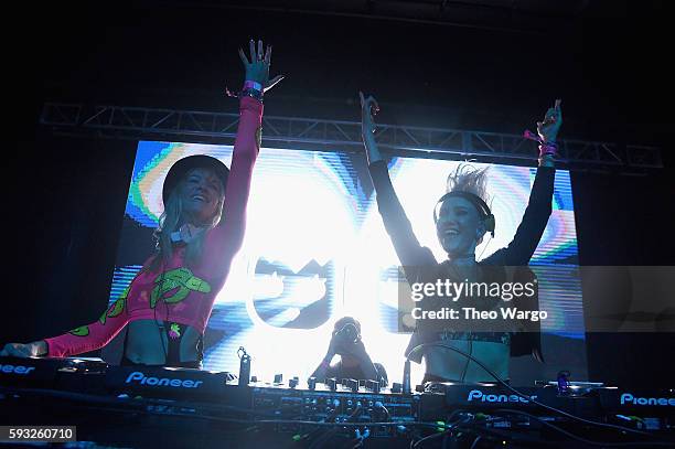 Recording artists Olivia Nervo and Miriam Nervo of NERVO perform onstage during the 2016 Billboard Hot 100 Festival - Day 2 at Nikon at Jones Beach...