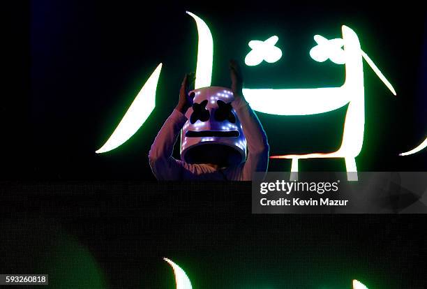 Recording artist Marshmello performs onstage during the 2016 Billboard Hot 100 Festival - Day 2 at Nikon at Jones Beach Theater on August 21, 2016 in...