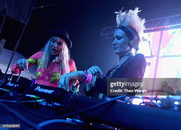 Recording artists Olivia Nervo and Miriam Nervo of NERVO perform onstage during the 2016 Billboard Hot 100 Festival - Day 2 at Nikon at Jones Beach...