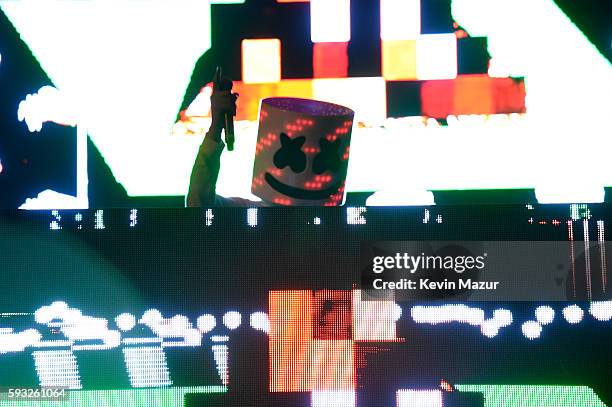 Recording artist Marshmello performs onstage during the 2016 Billboard Hot 100 Festival - Day 2 at Nikon at Jones Beach Theater on August 21, 2016 in...