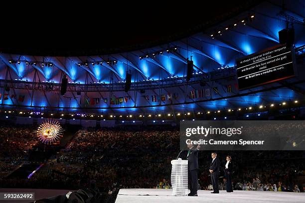 Carlos Arthur Nuzman, president of the Rio 2016 Organizing Committee and of the Olympic Committee of Brazil speaks as IOC President Thomas Bach looks...