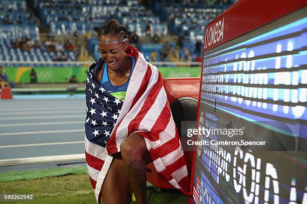 Brianna Rollins of the United States celebrates winning the gold medal in the Women's 100 metres hurdles final on Day 12 of the Rio 2016 Olympic...