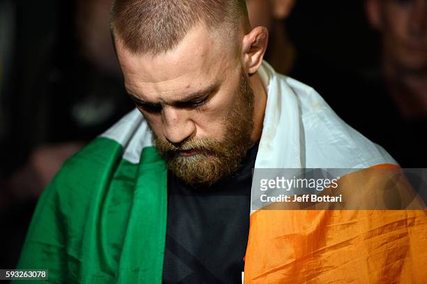 Conor McGregor of Ireland prepares to walkout prior to facing Nate Diaz in their welterweight bout during the UFC 202 event at T-Mobile Arena on...