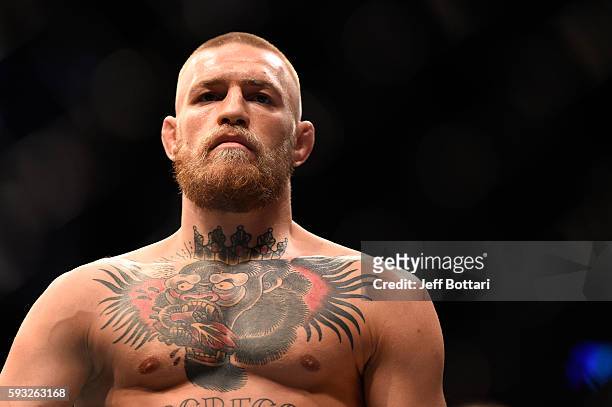 Conor McGregor of Ireland stands in his corner before facing Nate Diaz in their welterweight bout during the UFC 202 event at T-Mobile Arena on...