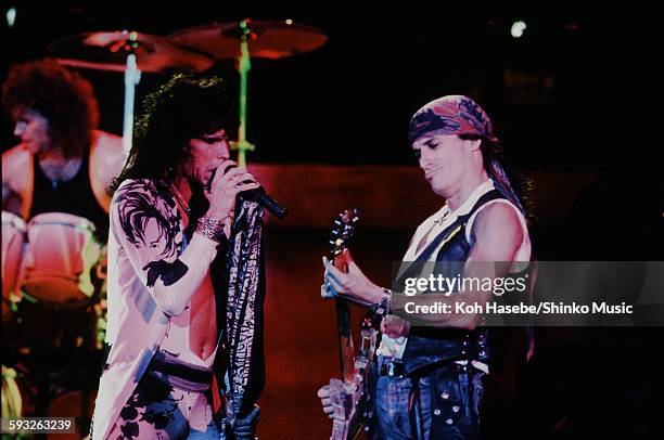 Aerosmith Steven Tyler, Joe Perry and Joey Kramer live at Nippon Budokan, Tokyo, September 17, 1990.