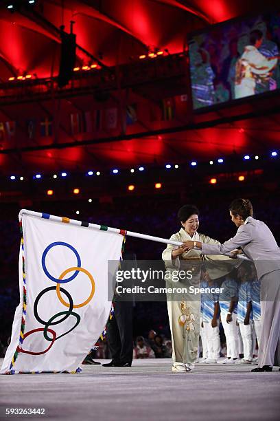 Governor of Tokyo Yuriko Koike takes part in the Flag Handover Ceremony during the Closing Ceremony on Day 16 of the Rio 2016 Olympic Games at...