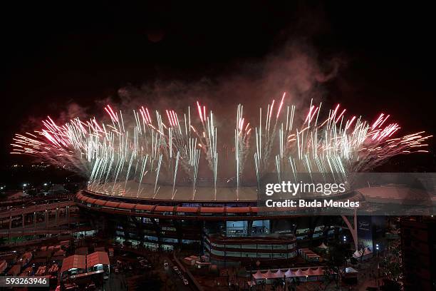 Fireworks explode during the Closing Ceremony 2016 Olympic Games at Maracana Stadium on August 21, 2016 in Rio de Janeiro, Brazil.
