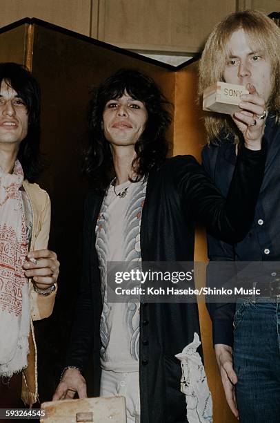 Aerosmith Steven Tyler, Joe Perry and Tom Hamilton at welcome party on their visit to Japan, Tokyo, January 1977.