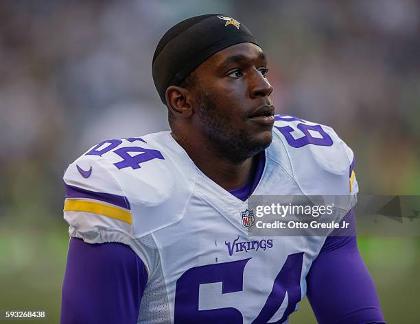 Defensive end Stephen Weatherly of the Minnesota Vikings looks on prior to the game against the Seattle Seahawks at CenturyLink Field on August 18,...