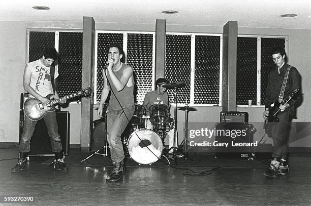 Bad Religion performing live at a USC frat party. Band members are left to right: Brett Gurewitz, Greg Graffin, Jay Ziskrout and Jay Bentley.