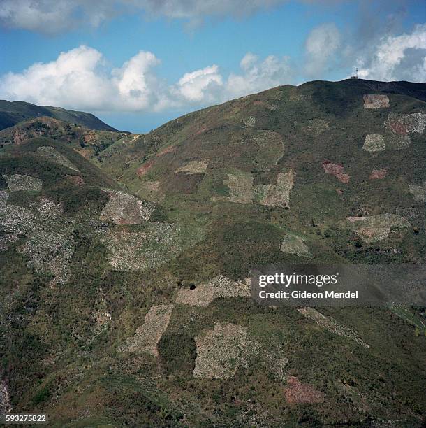 An aerial view of the denuded landscape in Haiti close to the city of Gonaives, which was recently engulfed by floods during Hurricane Ike. This...