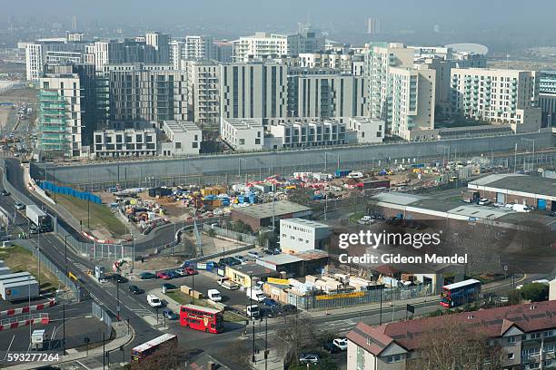 View of the new Olympic Village under construction as part of the site of the 2012 Olympic Games. This will house more than 20,000 athletes and...