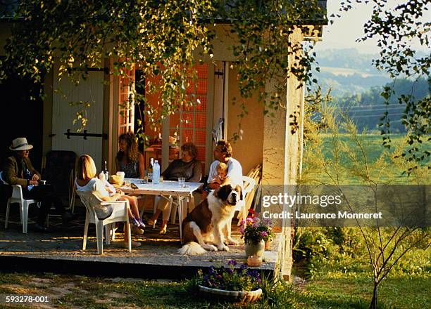 three generations of family eating meal in front of house - dog eats out girl photos et images de collection