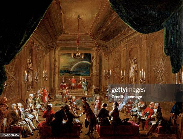 Initiation ceremony in a Viennese Masonic Lodge during the reign of Joseph II, with Wolfang Amadeus Mozart seated on the extreme left, 1784 -...