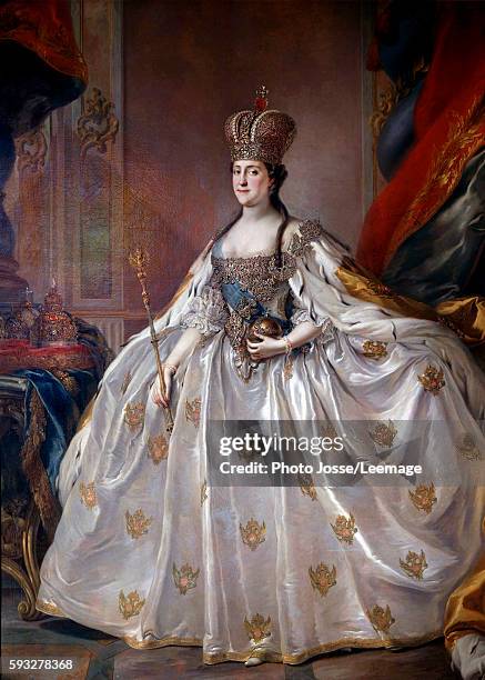 Full-length portrait of the Empress of Russia Catherine II the Great in her coronation robe, Painting by Stefano Torelli 18th century. Hermitage...