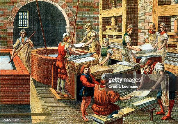 Papermaking workshop in Fabriano , 16th century. The different phases of manufacturing. Illustration. Private Collection