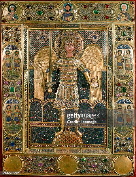 Representation of Archangel St. Michael, on a binding decorated missal, gold leaf regrowth and enamels, 12th century - The treasury of Saint Mark's...