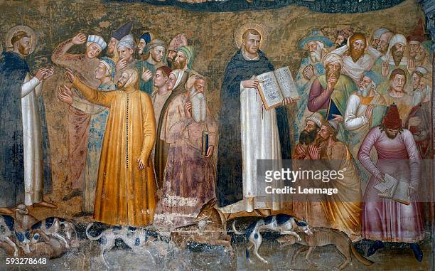The Church Militant and Triumphant, detail of St. Thomas Aquinas and Peter confuting the heretics, from the Spanish Chapel; c.1369 fresco by Andrea...