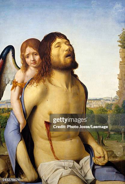 The dead Christ supported by an angel. Painting by Antonello da Messina , 1476-1479. 0,74 x 0,51 m. Prado Museum, Madrid