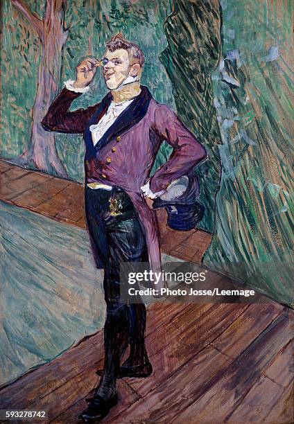 Portrait of Henry Samary of the Comedie Francaise. The actor, dressed in a tailcoat, holds an eyeglass in his hand. Painting by Henri de Toulouse...