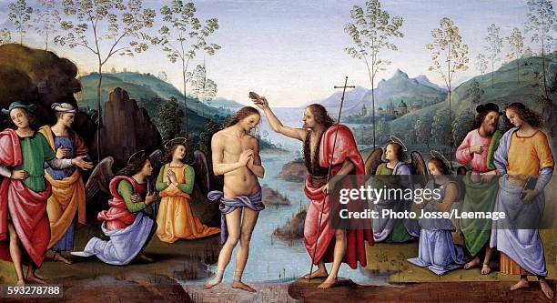 The Baptism of Christ. Painting by Pietro Vannucci Perugino called Il Perugino , 16th century. 0,31 x 0,59 m. Beaux-Arts Museum, Rouen