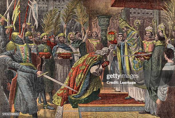 The coronation of the emperor Charlemagne, also known as Charles The Great , in Roma , the 25th of december 800, by the pope Leo III - engraving