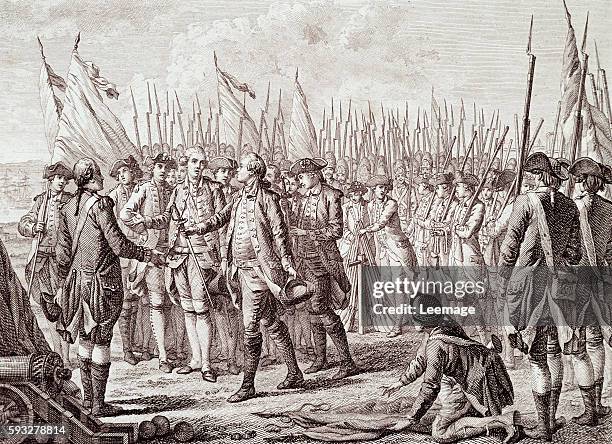 American Revolutionary War : The surrender of Lord Cornwallis, 19 October 1781 at Yorktown - Engraving 19th century. Milan, Private collection