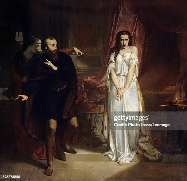 Lady Macbeth, Illustration for the play Macbeth" of William Shakespeare. A woman in a nightgown is humiliated by another one before a frightened man....