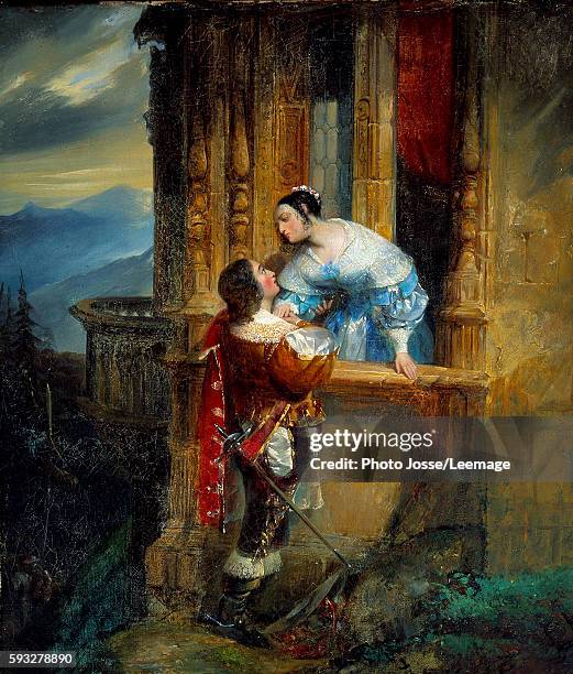 Young man courting a young lady, balcony scene. Illustration for the "Romeo and Juliet" of William Shakespeare . Anonymous painting of the 19th...