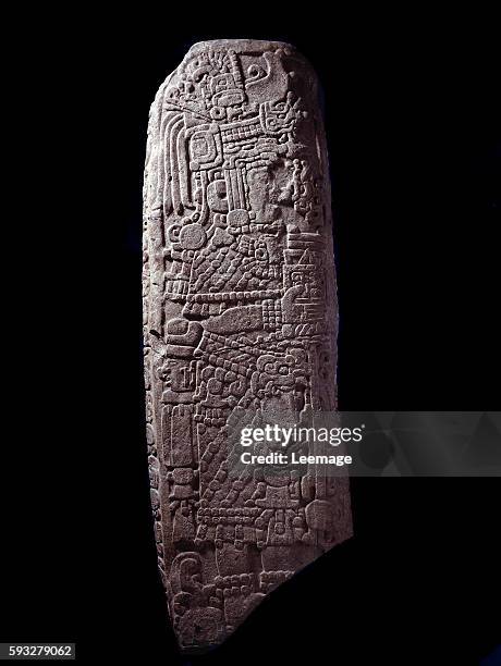 Pre-Columbian art, Maya Civilisation, Classic period : stele of five stones, 127 cm - From El Zapote, Peten, Guatemala. Museo Nacional de Arqueologia...