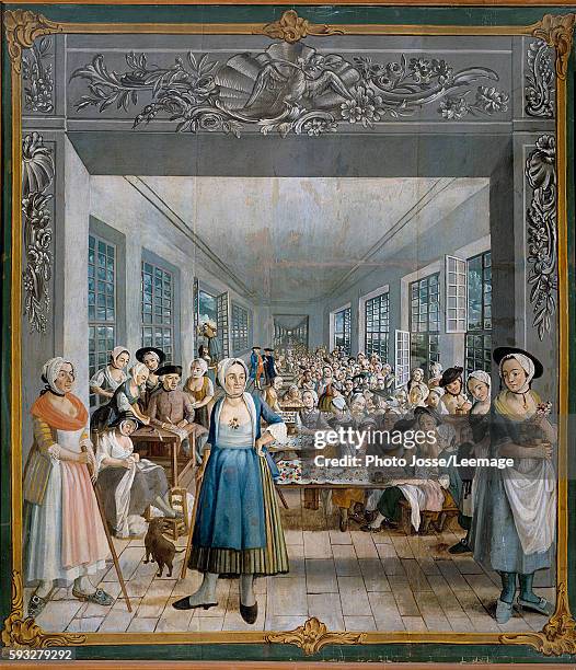 Manufacture of Indian fabric of the Wetter's brothers: the female workers' workshop. Painting by Joseph Gabriel Rossetti , 1764. Municipal Museum,...