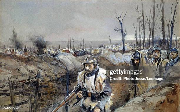 "View of Souchez ; French soldiers in a trench, December 1915". Watercolour painting by Francois Flameng , December 1915. 0,,3 x 0,48 m. Army Museum,...