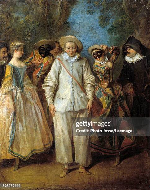 Actors of the Italian Comedy or Italian theater, including Pierrot and Harlequin . Painting by Nicolas Lancret , 18th century. Oil on wood. 0,22 x...