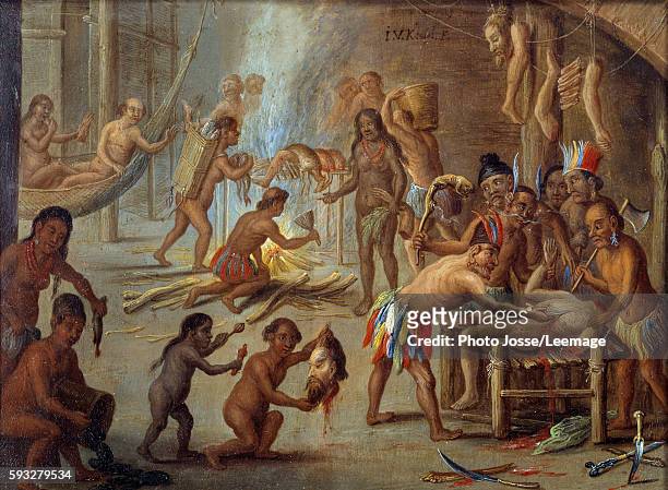 Scene of cannibalism in Brazil in 1644. Indians devouring their enemies and prisoners. Painting by Jan van Kessel called the Elder after an...