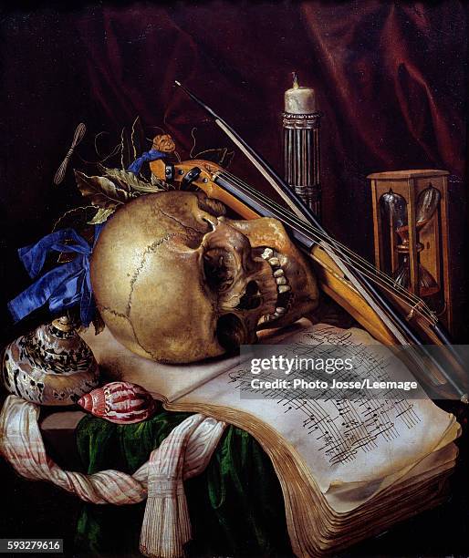 Vanitas. Still Life with a skull, music sheet, musical instruments, shells and hourglass. Painting by Simon Renard de Saint-Andre , 1650. 0,52 x 0,44...