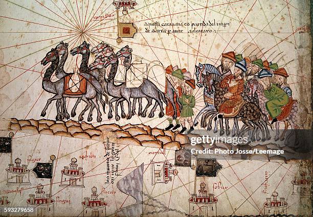 Detail of a Catalan nautical map representing the Asia of the 13th century with a caravan on the way to Cathay : the silk road crossed by Marco Polo....