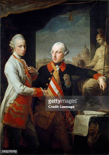 Portraits of the brothers Leopold II , grand duke of Tuscany and Joseph II, Holy Roman Emperor . In the Background, St Peter Basilica in Rome ....