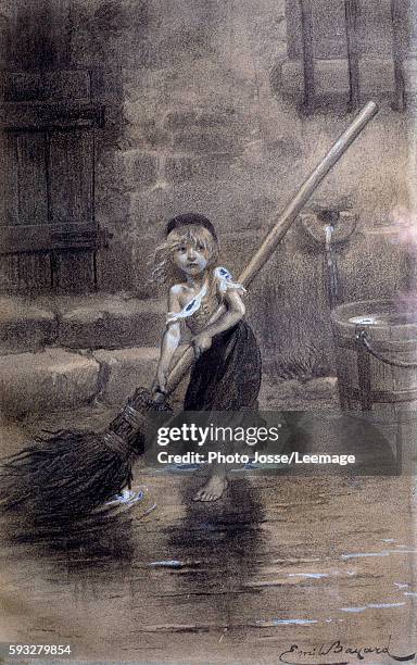 Depiction of Cosette, sweeping barefoot. Drawing for Victor Hugo 's "Les Miserables" by the French illustrator Emile Bayard , 19th century. Victor...
