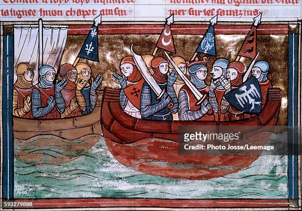 Godfrey of Bouillon and the crusaders sailing towards the Holy Land. Miniature from the "Romance of Godfrey of Bouillon and Saladin", 1337. BN,...