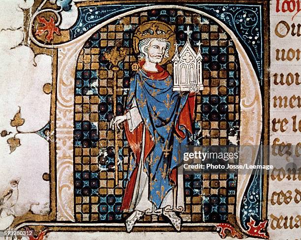 Full-length portrait of St. Louis carrying the model of the Sainte-Chapelle. Miniature from "Chronicles of Saint-Denis" by Antoine Verard , 1493....