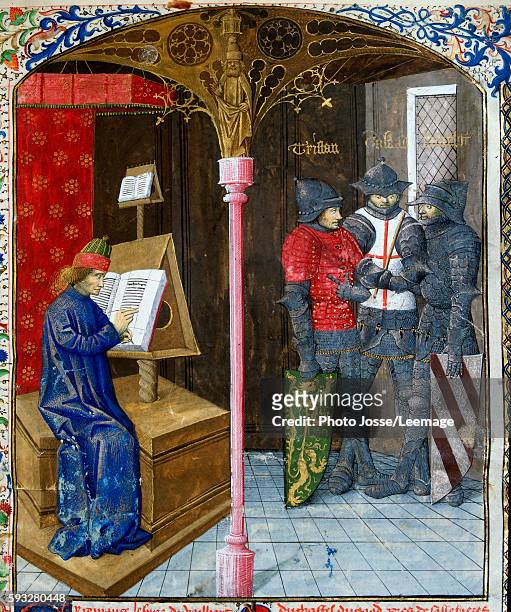 Scribe copying a manuscript, the knights Tristan, Galahad and Lancelot. Miniature from the "Romance of Tristan" by Gilles Gracien and illuminated by...