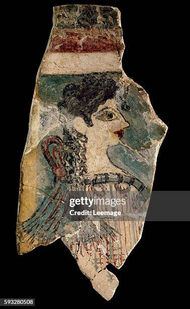 La Parisienne : fragment of a fresco representing a priestess in profile view. From Knossos. Minoan art, circa 1500-1450 BC. Heraklion Archaeological...