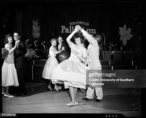 High school students party and dance at Palladium, Beth Duer, Jerry Pres, 19 years, Janet Eul, 18 years, Jim Caldersood, 17 years, Beverly Thompson,...